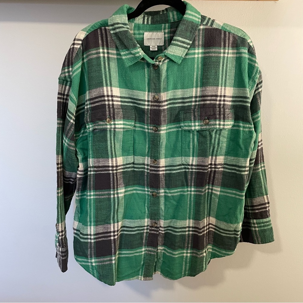 Green, gray, and white American Eagle flannel